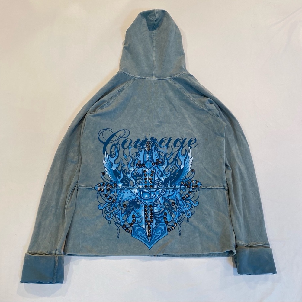 Vintage 90s Y2K Blue Hooded Zip-Up Jacket with Grunge Graphic Design Bejeweled